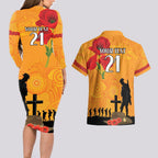 Australia Wallabies Rugby ANZAC Custom Couples Matching Long Sleeve Bodycon Dress and Hawaiian Shirt Gallipoli Soldier With Aboriginal Dots Art