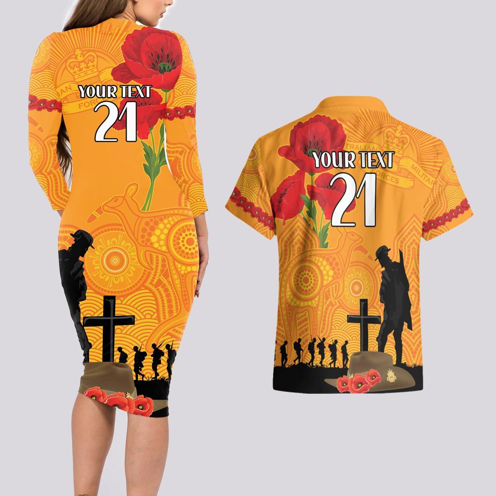 Australia Wallabies Rugby ANZAC Custom Couples Matching Long Sleeve Bodycon Dress and Hawaiian Shirt Gallipoli Soldier With Aboriginal Dots Art