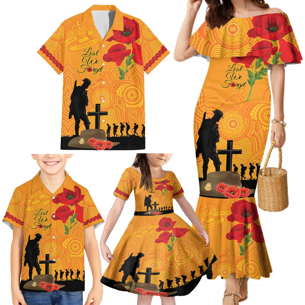 Australia Wallabies Rugby ANZAC Custom Family Matching Mermaid Dress and Hawaiian Shirt Gallipoli Soldier With Aboriginal Dots Art