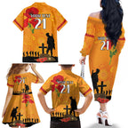 Australia Wallabies Rugby ANZAC Custom Family Matching Off Shoulder Long Sleeve Dress and Hawaiian Shirt Gallipoli Soldier With Aboriginal Dots Art