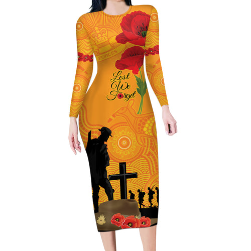 Australia Wallabies Rugby ANZAC Custom Long Sleeve Bodycon Dress Gallipoli Soldier With Aboriginal Dots Art