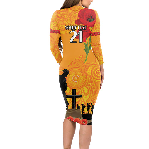 Australia Wallabies Rugby ANZAC Custom Long Sleeve Bodycon Dress Gallipoli Soldier With Aboriginal Dots Art