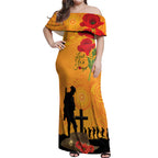 Australia Wallabies Rugby ANZAC Custom Off Shoulder Maxi Dress Gallipoli Soldier With Aboriginal Dots Art