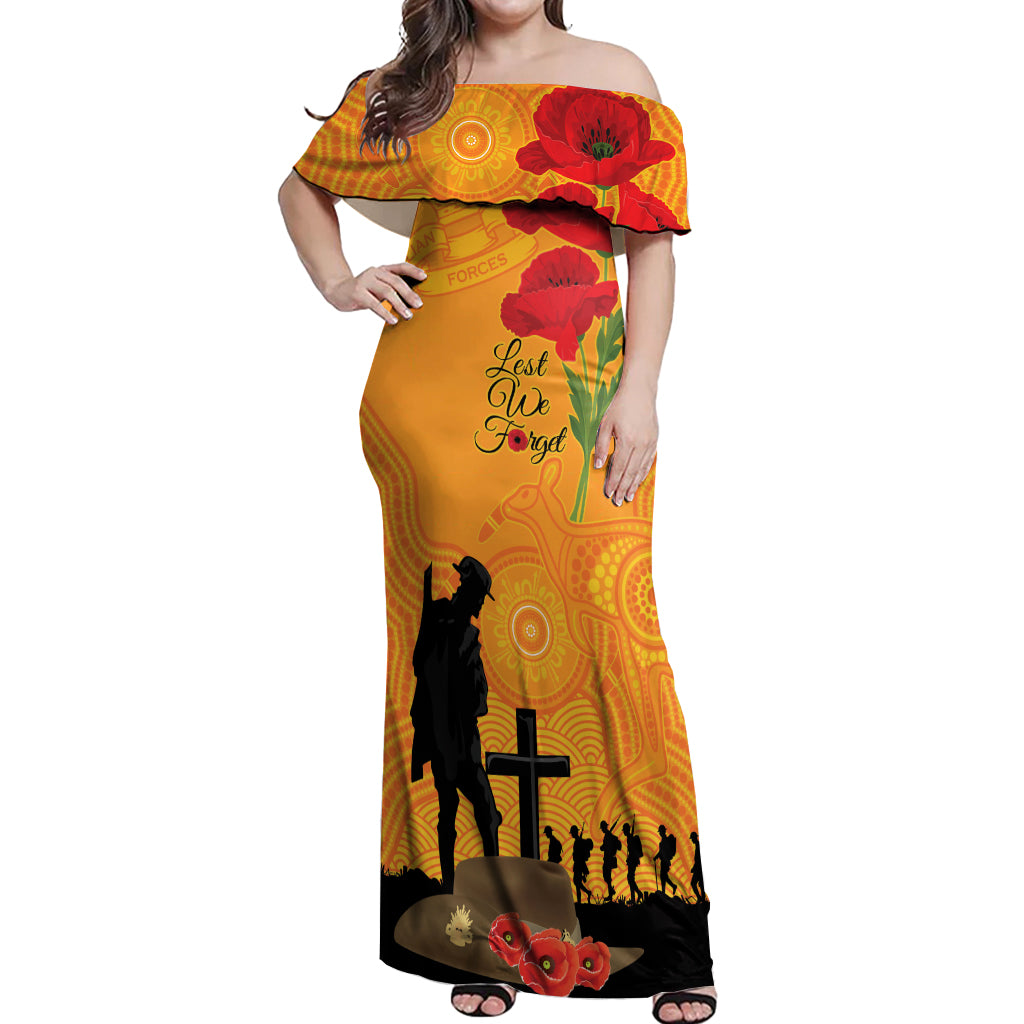 Australia Wallabies Rugby ANZAC Custom Off Shoulder Maxi Dress Gallipoli Soldier With Aboriginal Dots Art