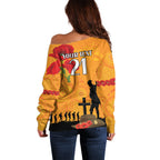 Australia Wallabies Rugby ANZAC Custom Off Shoulder Sweater Gallipoli Soldier With Aboriginal Dots Art
