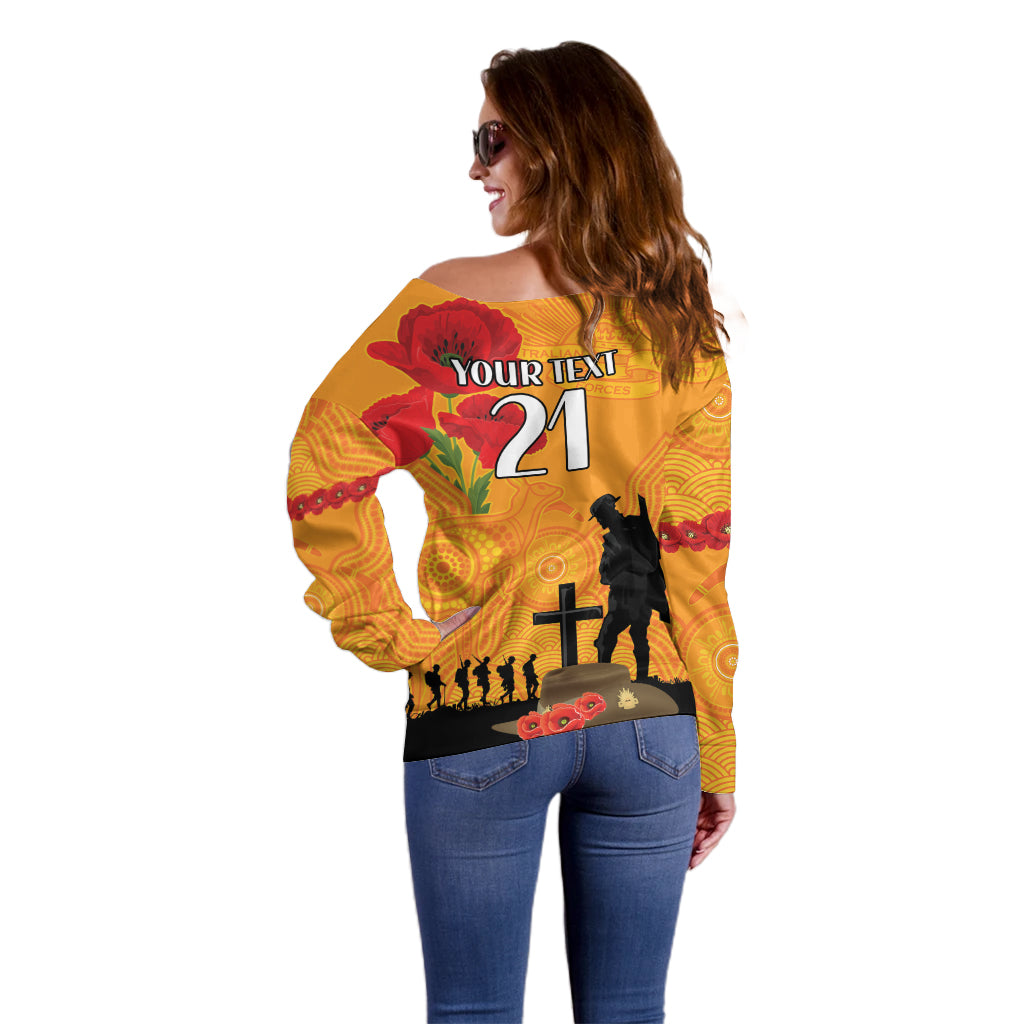 Australia Wallabies Rugby ANZAC Custom Off Shoulder Sweater Gallipoli Soldier With Aboriginal Dots Art