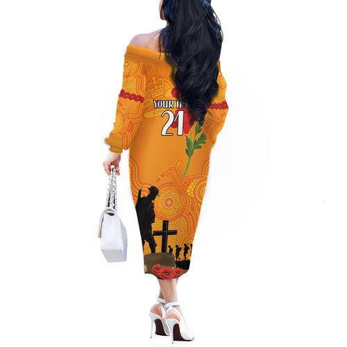 Australia Wallabies Rugby ANZAC Custom Off The Shoulder Long Sleeve Dress Gallipoli Soldier With Aboriginal Dots Art