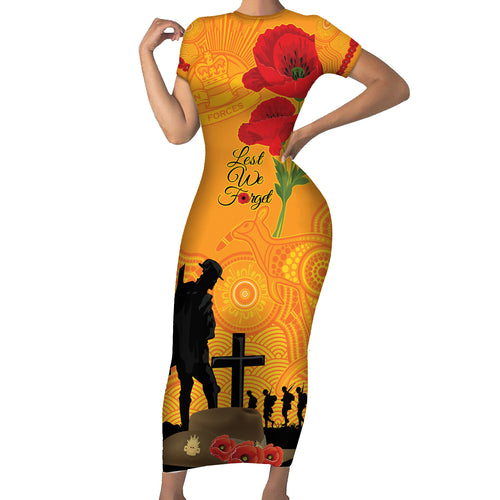 Australia Wallabies Rugby ANZAC Custom Short Sleeve Bodycon Dress Gallipoli Soldier With Aboriginal Dots Art