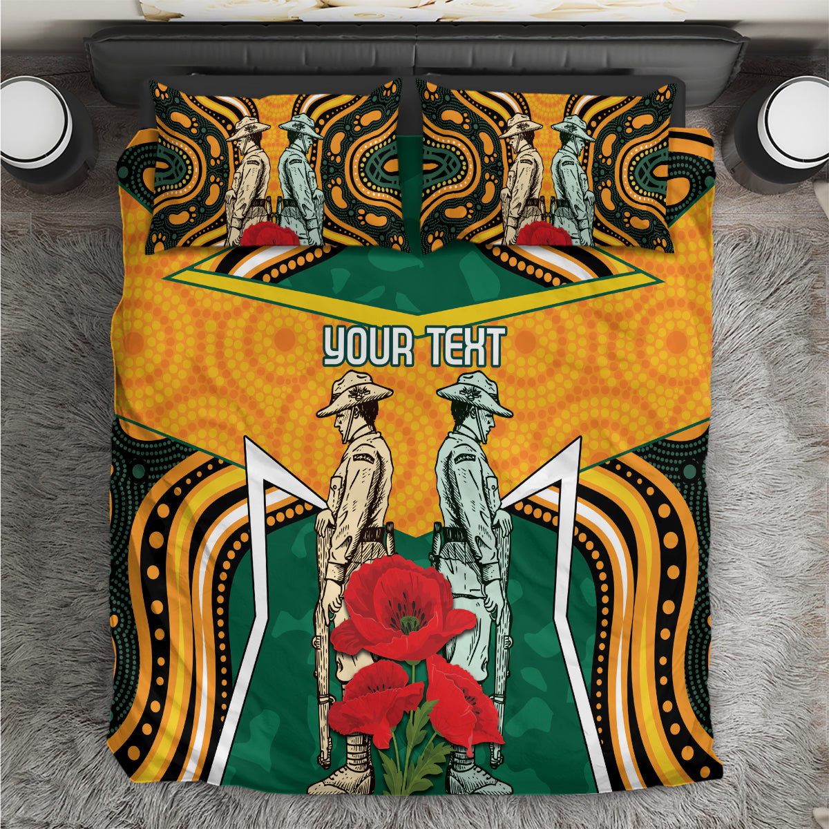 Australia Wallabies Rugby ANZAC Custom Bedding Set Poppy Soldier With Aboriginal Dots Art