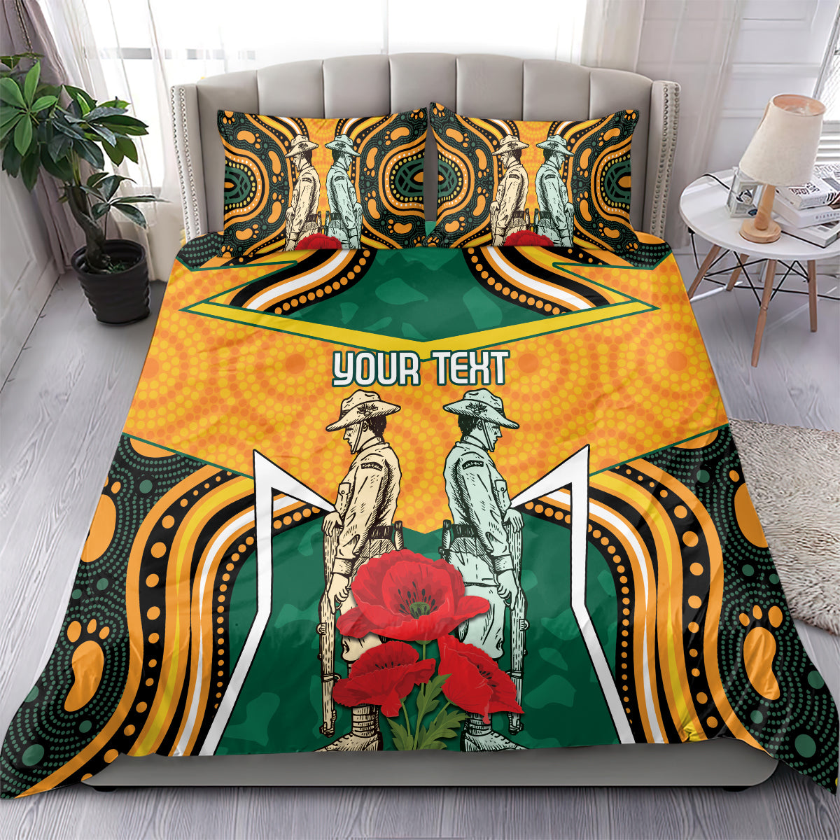 Australia Wallabies Rugby ANZAC Custom Bedding Set Poppy Soldier With Aboriginal Dots Art