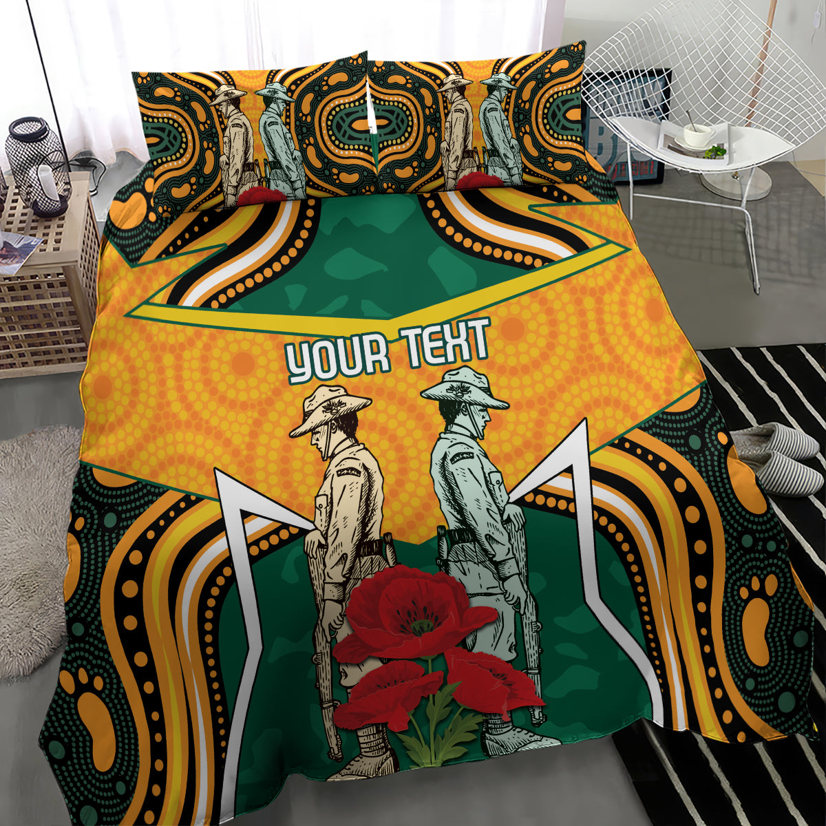 Australia Wallabies Rugby ANZAC Custom Bedding Set Poppy Soldier With Aboriginal Dots Art