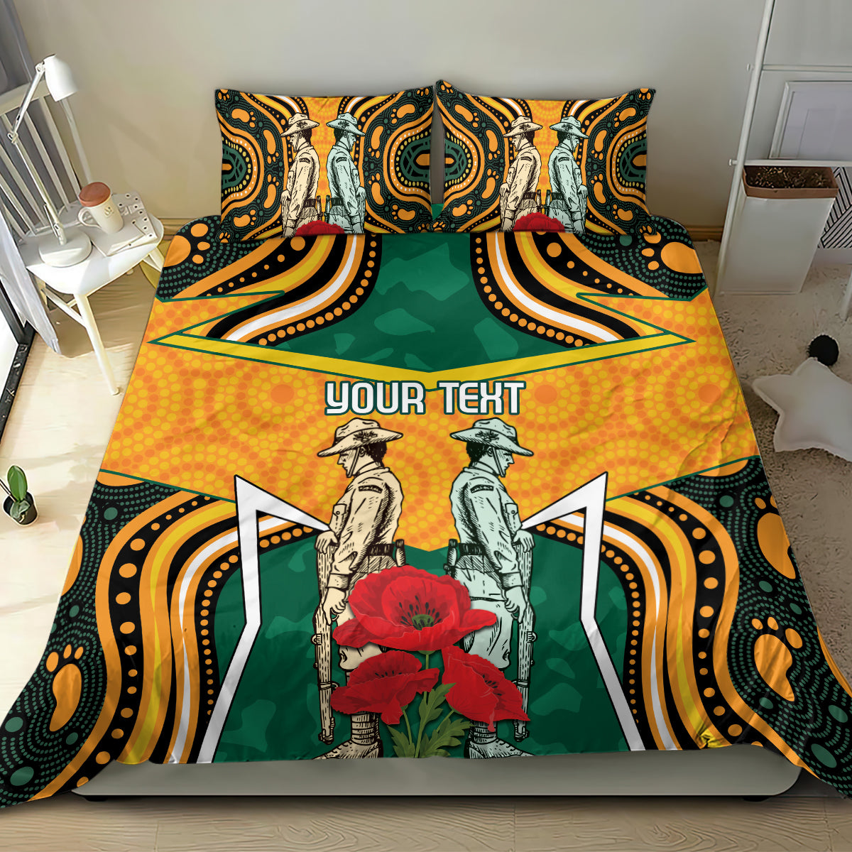 Australia Wallabies Rugby ANZAC Custom Bedding Set Poppy Soldier With Aboriginal Dots Art