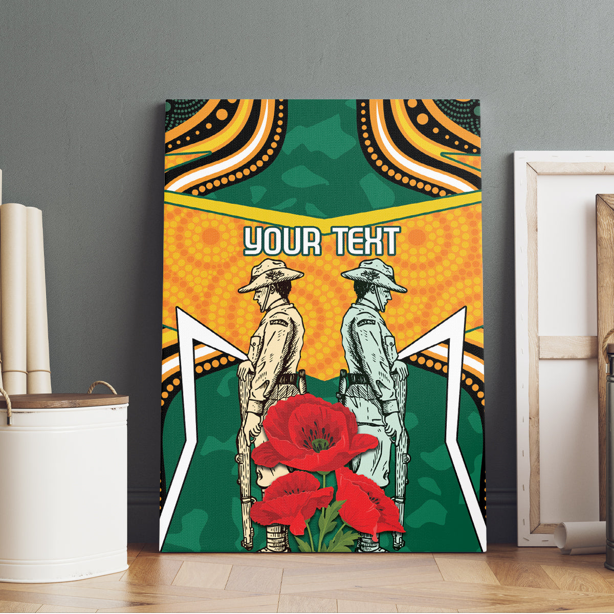 Australia Wallabies Rugby ANZAC Custom Canvas Wall Art Poppy Soldier With Aboriginal Dots Art