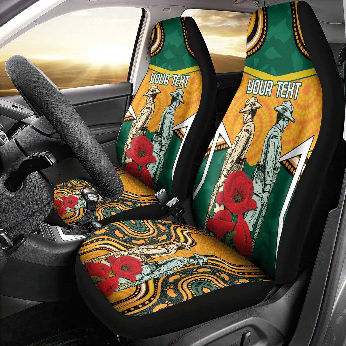 Australia Wallabies Rugby ANZAC Custom Car Seat Cover Poppy Soldier With Aboriginal Dots Art