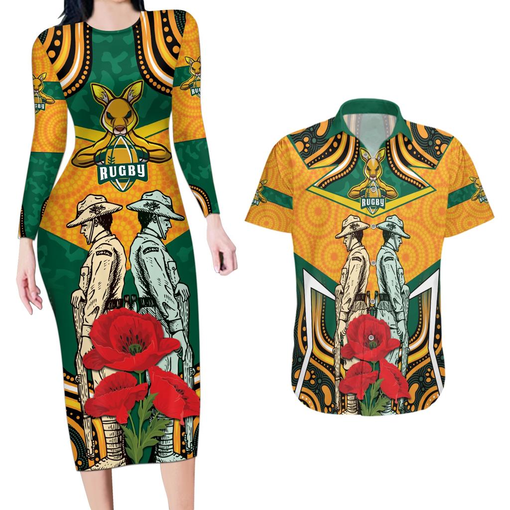 Australia Wallabies Rugby ANZAC Custom Couples Matching Long Sleeve Bodycon Dress and Hawaiian Shirt Poppy Soldier With Aboriginal Dots Art