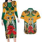 Australia Wallabies Rugby ANZAC Custom Couples Matching Long Sleeve Bodycon Dress and Hawaiian Shirt Poppy Soldier With Aboriginal Dots Art