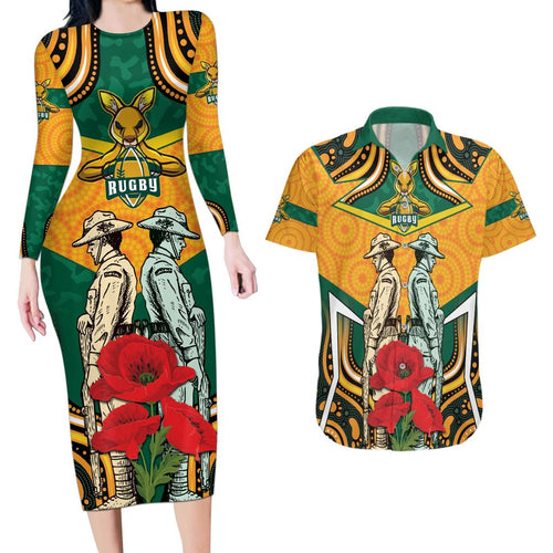 Australia Wallabies Rugby ANZAC Custom Couples Matching Long Sleeve Bodycon Dress and Hawaiian Shirt Poppy Soldier With Aboriginal Dots Art