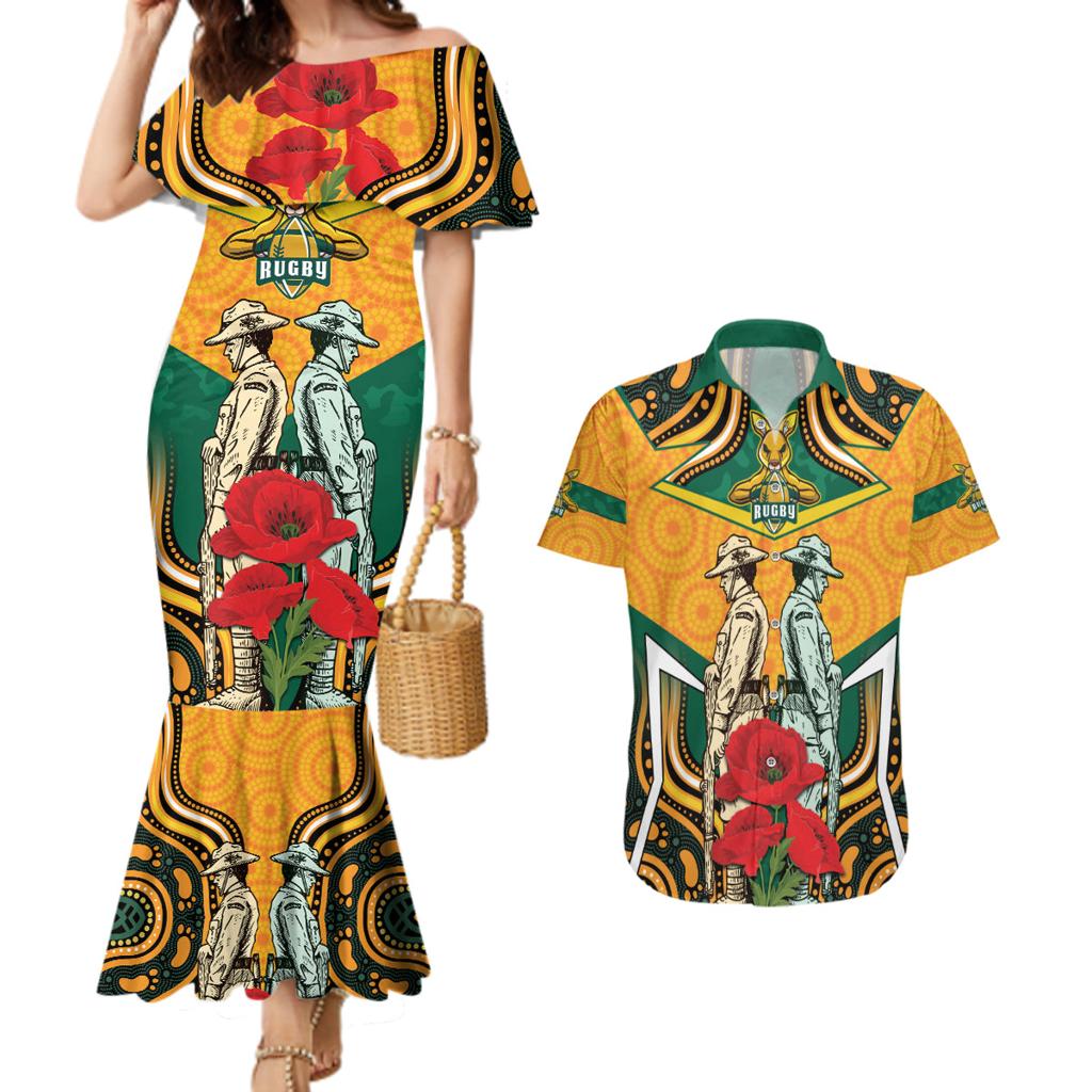 Australia Wallabies Rugby ANZAC Custom Couples Matching Mermaid Dress and Hawaiian Shirt Poppy Soldier With Aboriginal Dots Art