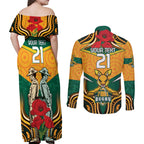 Australia Wallabies Rugby ANZAC Custom Couples Matching Off Shoulder Maxi Dress and Long Sleeve Button Shirt Poppy Soldier With Aboriginal Dots Art