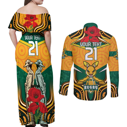 Australia Wallabies Rugby ANZAC Custom Couples Matching Off Shoulder Maxi Dress and Long Sleeve Button Shirt Poppy Soldier With Aboriginal Dots Art