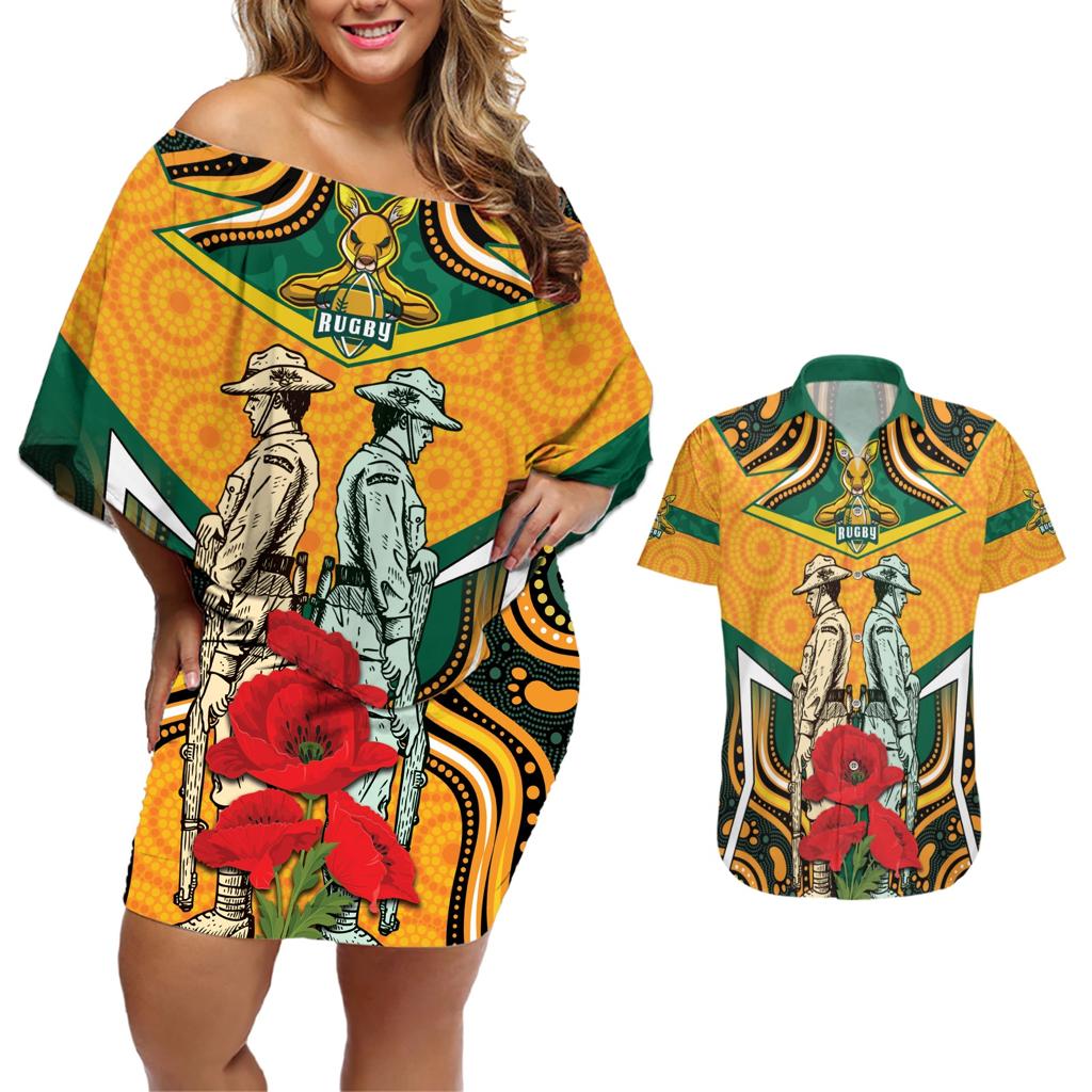 Australia Wallabies Rugby ANZAC Custom Couples Matching Off Shoulder Short Dress and Hawaiian Shirt Poppy Soldier With Aboriginal Dots Art