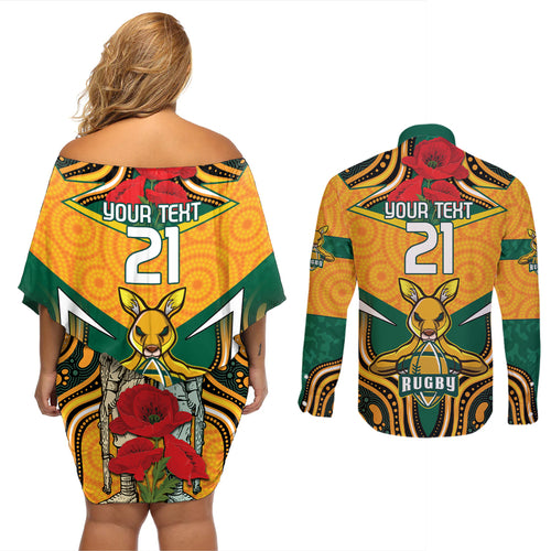 Australia Wallabies Rugby ANZAC Custom Couples Matching Off Shoulder Short Dress and Long Sleeve Button Shirt Poppy Soldier With Aboriginal Dots Art