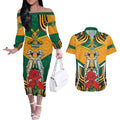 Australia Wallabies Rugby ANZAC Custom Couples Matching Off The Shoulder Long Sleeve Dress and Hawaiian Shirt Poppy Soldier With Aboriginal Dots Art