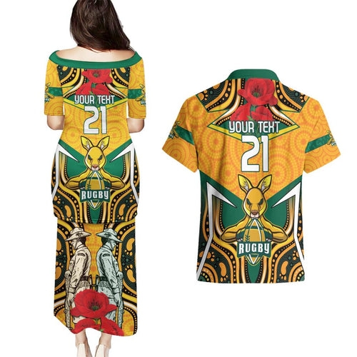 Australia Wallabies Rugby ANZAC Custom Couples Matching Puletasi and Hawaiian Shirt Poppy Soldier With Aboriginal Dots Art