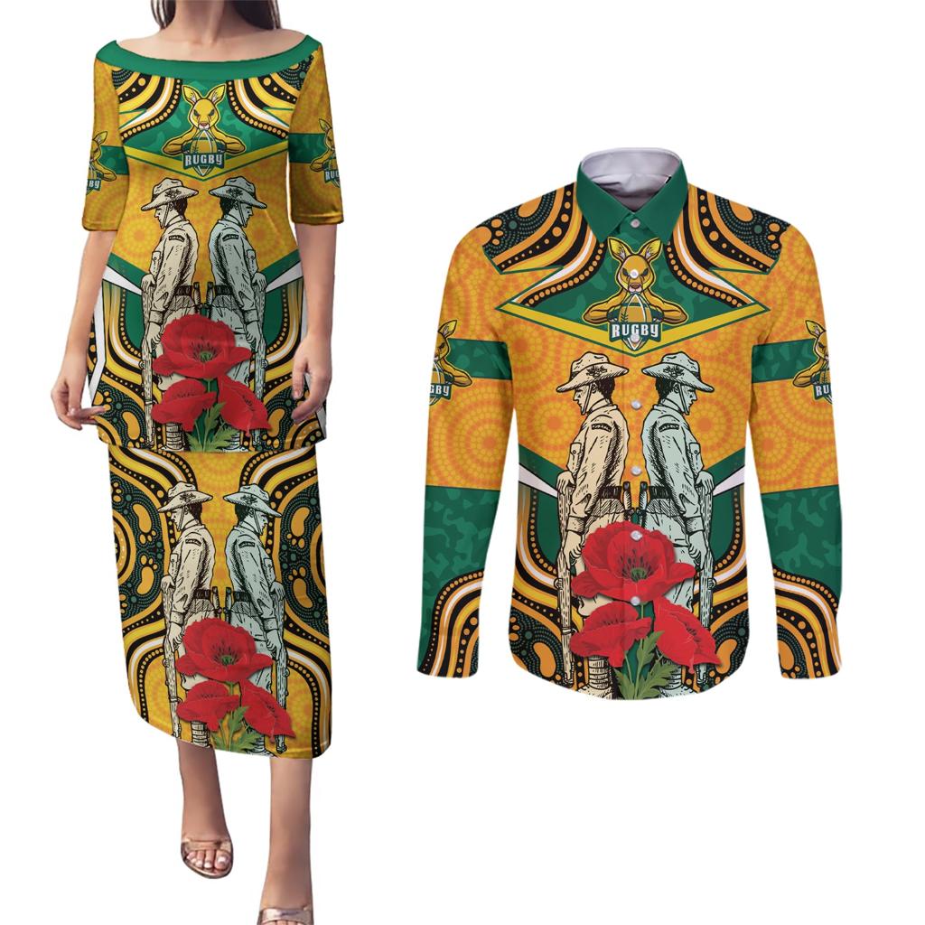 Australia Wallabies Rugby ANZAC Custom Couples Matching Puletasi and Long Sleeve Button Shirt Poppy Soldier With Aboriginal Dots Art