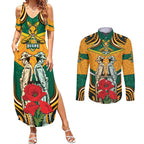 Australia Wallabies Rugby ANZAC Custom Couples Matching Summer Maxi Dress and Long Sleeve Button Shirt Poppy Soldier With Aboriginal Dots Art