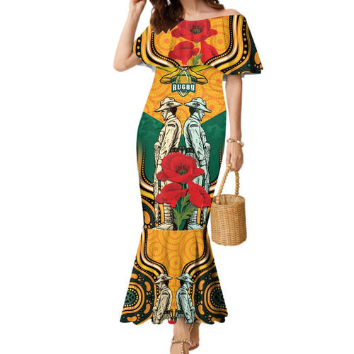 Australia Wallabies Rugby ANZAC Custom Family Matching Mermaid Dress and Hawaiian Shirt Poppy Soldier With Aboriginal Dots Art