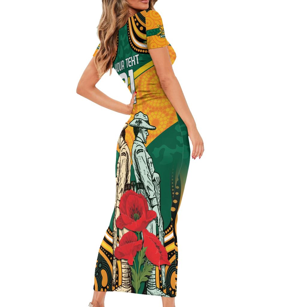 Australia Wallabies Rugby ANZAC Custom Family Matching Short Sleeve Bodycon Dress and Hawaiian Shirt Poppy Soldier With Aboriginal Dots Art