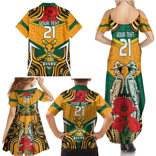 Australia Wallabies Rugby ANZAC Custom Family Matching Summer Maxi Dress and Hawaiian Shirt Poppy Soldier With Aboriginal Dots Art