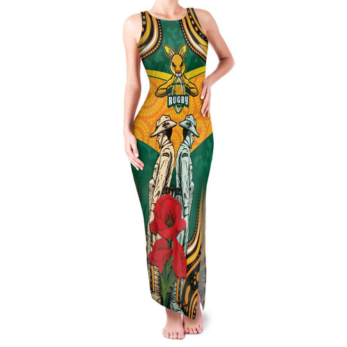 Australia Wallabies Rugby ANZAC Custom Family Matching Tank Maxi Dress and Hawaiian Shirt Poppy Soldier With Aboriginal Dots Art