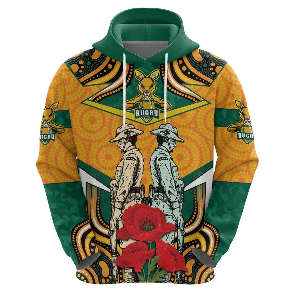 Australia Wallabies Rugby ANZAC Custom Hoodie Poppy Soldier With Aboriginal Dots Art