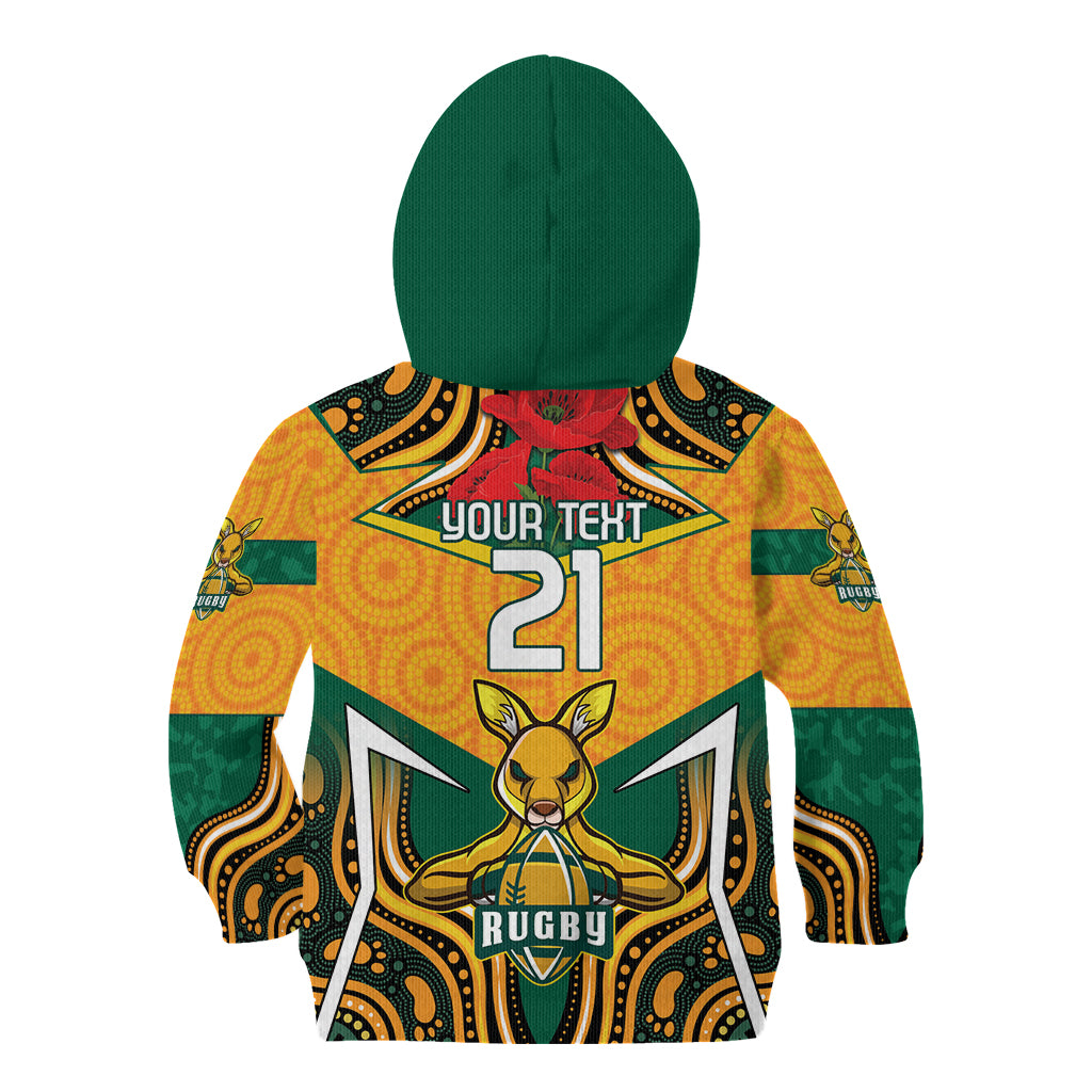 Australia Wallabies Rugby ANZAC Custom Kid Hoodie Poppy Soldier With Aboriginal Dots Art