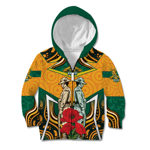 Australia Wallabies Rugby ANZAC Custom Kid Hoodie Poppy Soldier With Aboriginal Dots Art