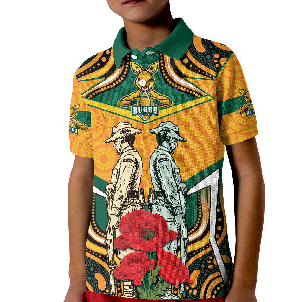 Australia Wallabies Rugby ANZAC Custom Kid Polo Shirt Poppy Soldier With Aboriginal Dots Art