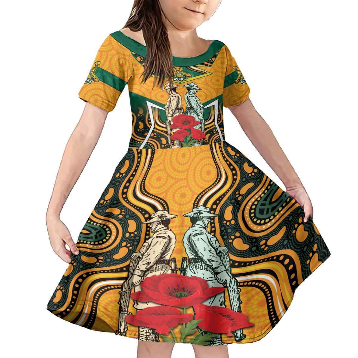 Australia Wallabies Rugby ANZAC Custom Kid Short Sleeve Dress Poppy Soldier With Aboriginal Dots Art