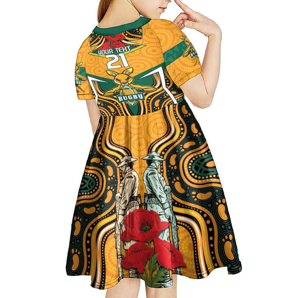 Australia Wallabies Rugby ANZAC Custom Kid Short Sleeve Dress Poppy Soldier With Aboriginal Dots Art