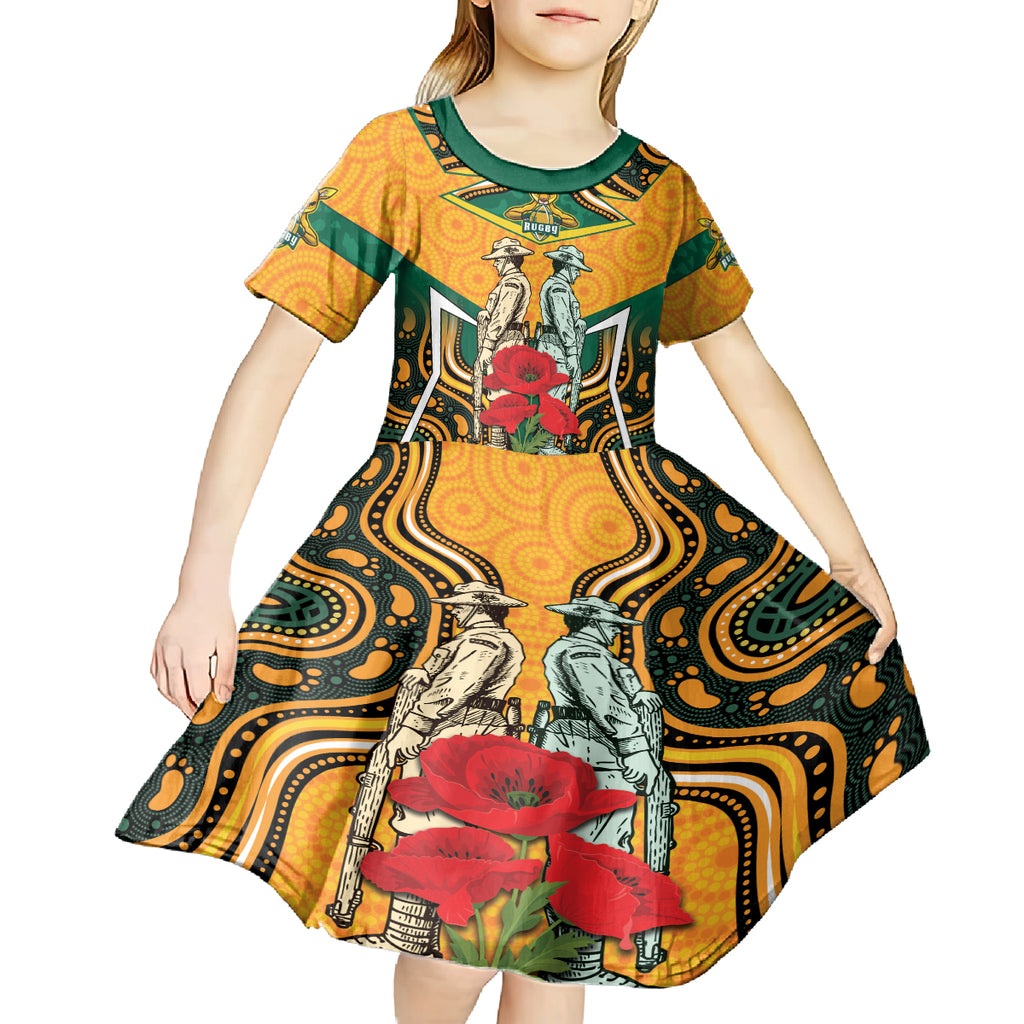 Australia Wallabies Rugby ANZAC Custom Kid Short Sleeve Dress Poppy Soldier With Aboriginal Dots Art