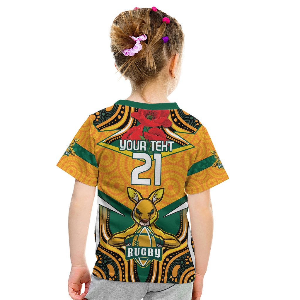 Australia Wallabies Rugby ANZAC Custom Kid T Shirt Poppy Soldier With Aboriginal Dots Art