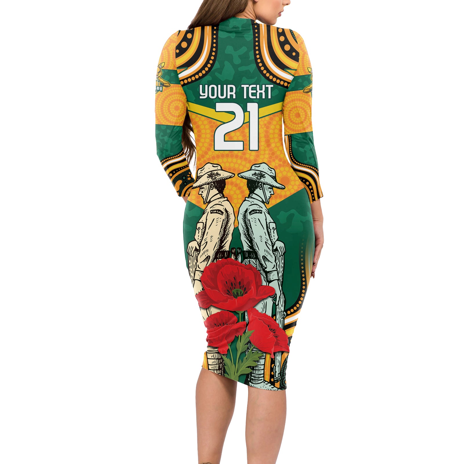 Australia Wallabies Rugby ANZAC Custom Long Sleeve Bodycon Dress Poppy Soldier With Aboriginal Dots Art