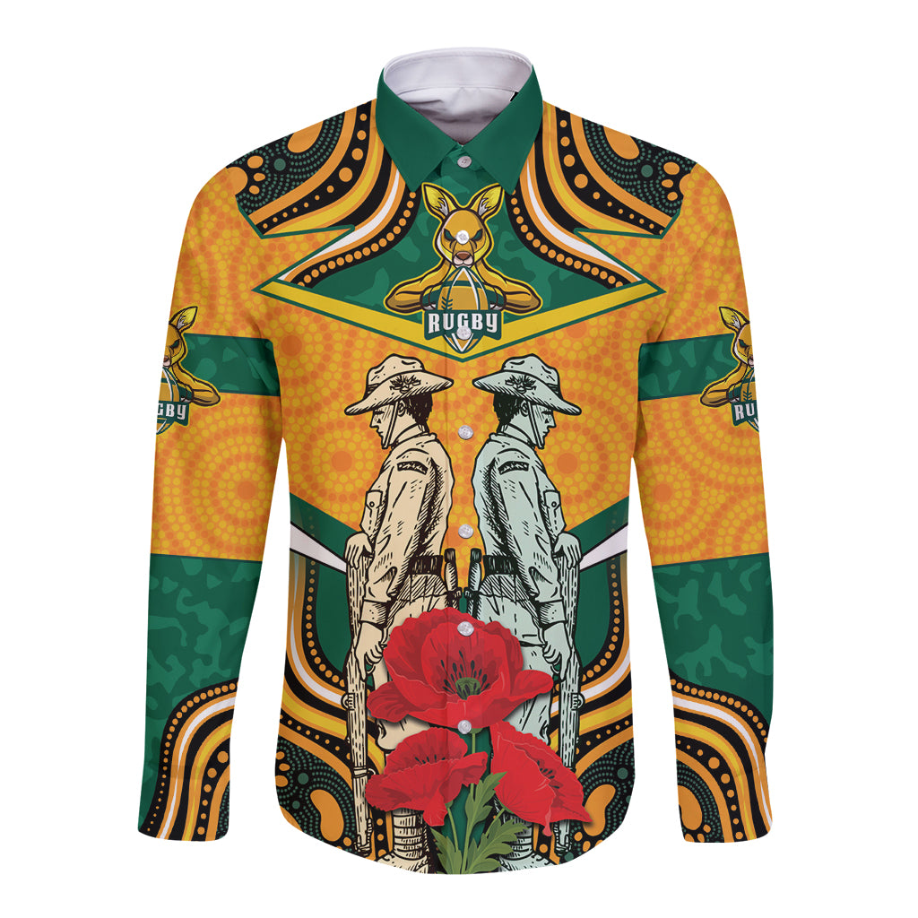 Australia Wallabies Rugby ANZAC Custom Long Sleeve Button Shirt Poppy Soldier With Aboriginal Dots Art