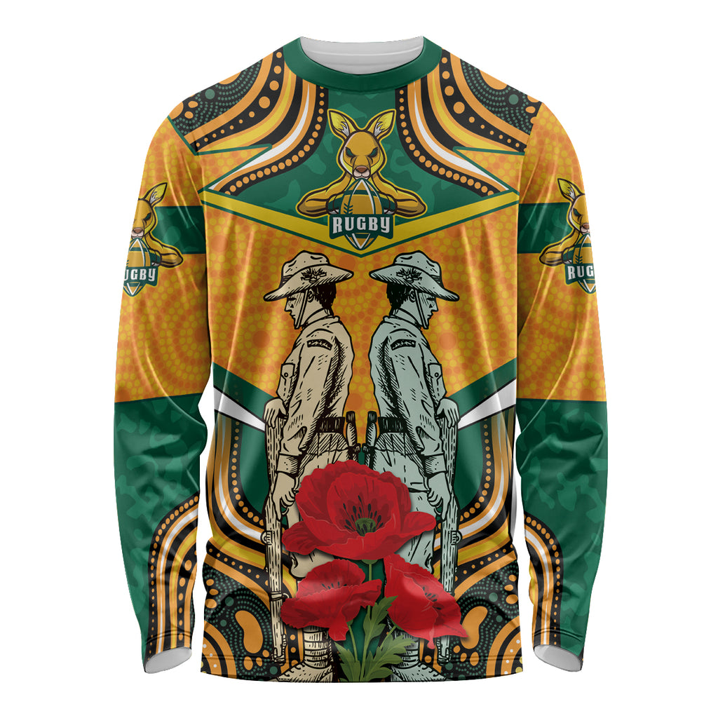Australia Wallabies Rugby ANZAC Custom Long Sleeve Shirt Poppy Soldier With Aboriginal Dots Art