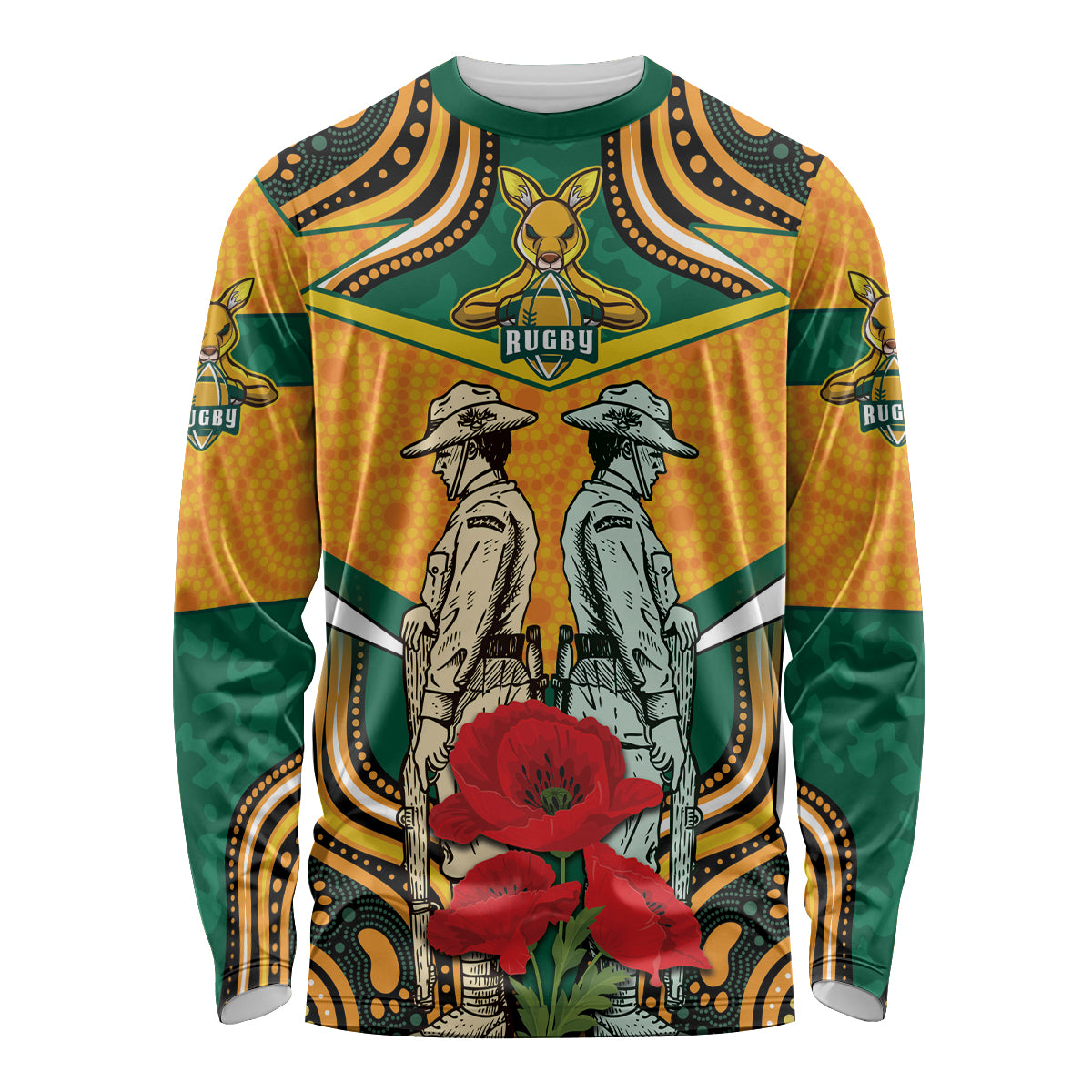 Australia Wallabies Rugby ANZAC Custom Long Sleeve Shirt Poppy Soldier With Aboriginal Dots Art