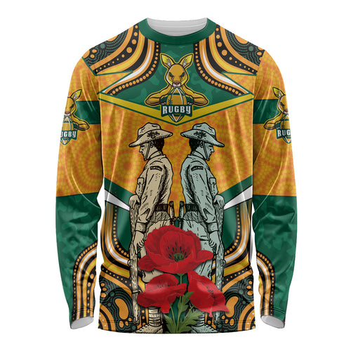 Australia Wallabies Rugby ANZAC Custom Long Sleeve Shirt Poppy Soldier With Aboriginal Dots Art