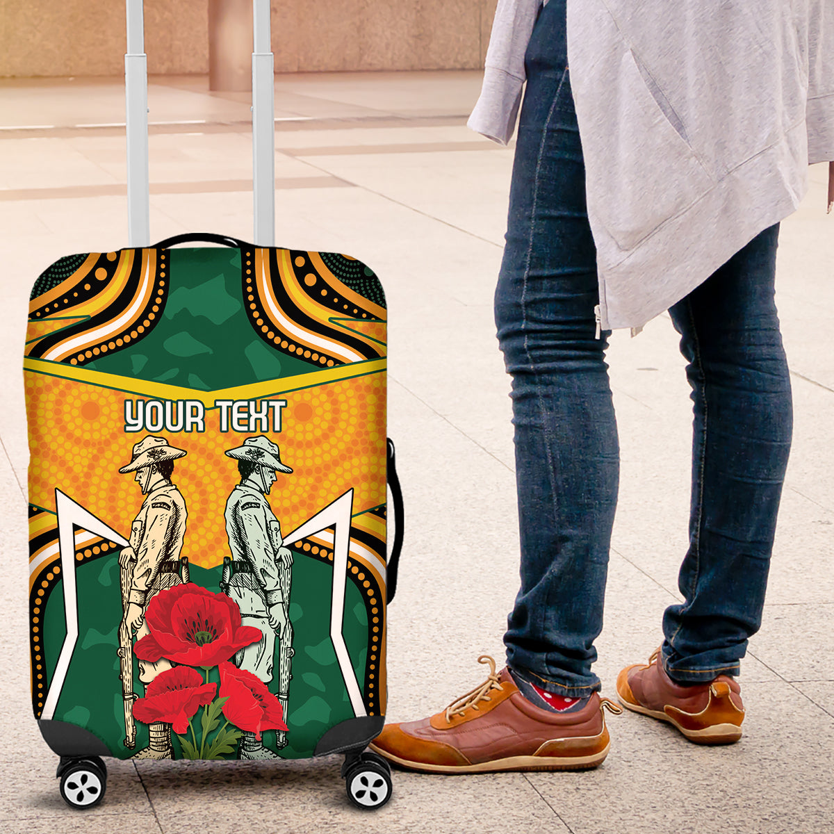 Australia Wallabies Rugby ANZAC Custom Luggage Cover Poppy Soldier With Aboriginal Dots Art