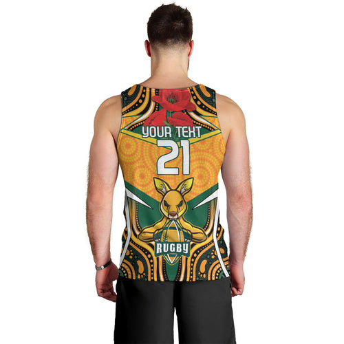 Australia Wallabies Rugby ANZAC Custom Men Tank Top Poppy Soldier With Aboriginal Dots Art