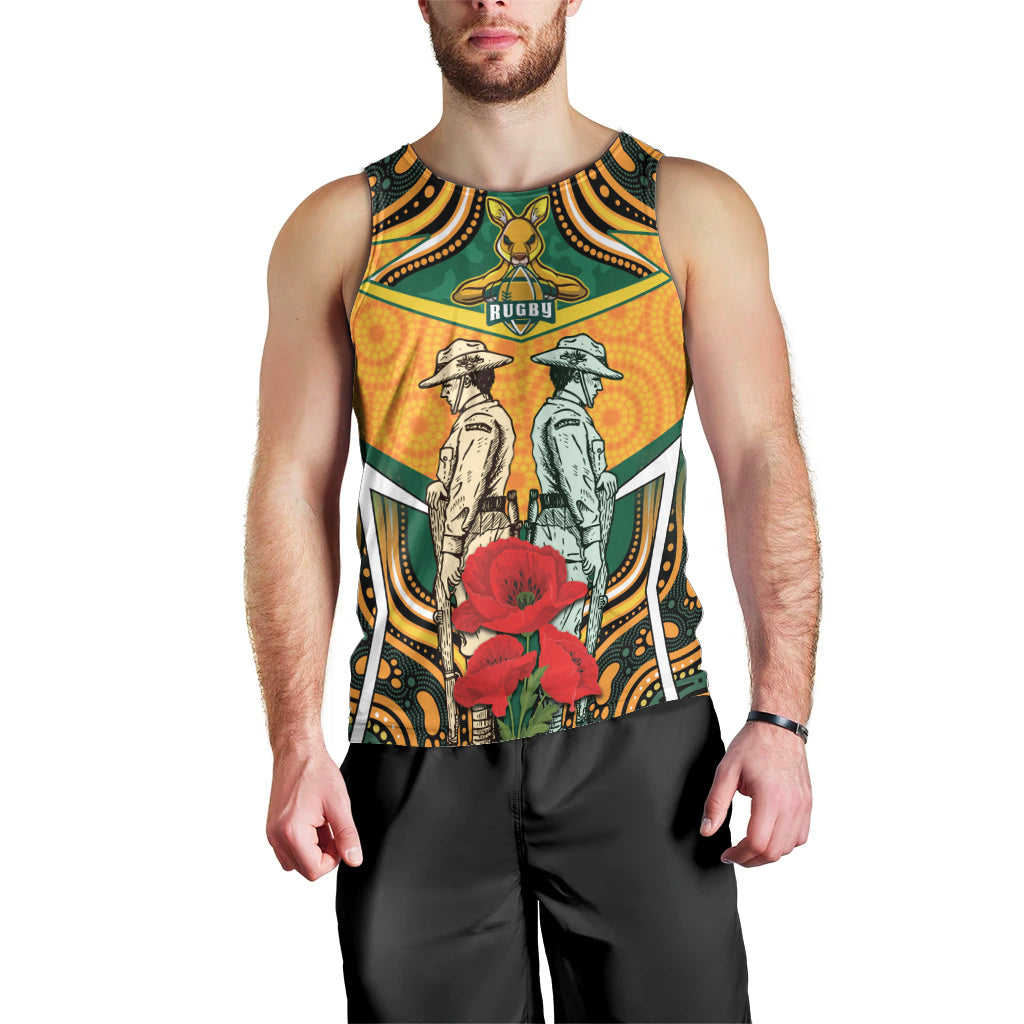 Australia Wallabies Rugby ANZAC Custom Men Tank Top Poppy Soldier With Aboriginal Dots Art